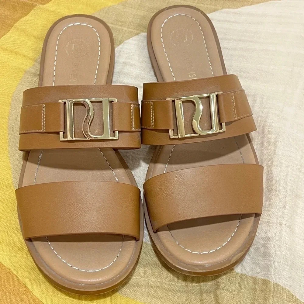 ASOS sandals River Island Double Strap Sliders slides flats brown nude gold